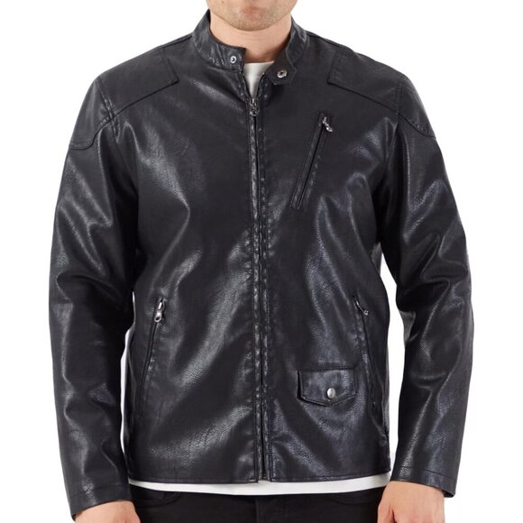 🆕 Men Black Stand Collar Leather Jacket Motorcycle Lightweight Faux Outwear - Picture 5 of 8